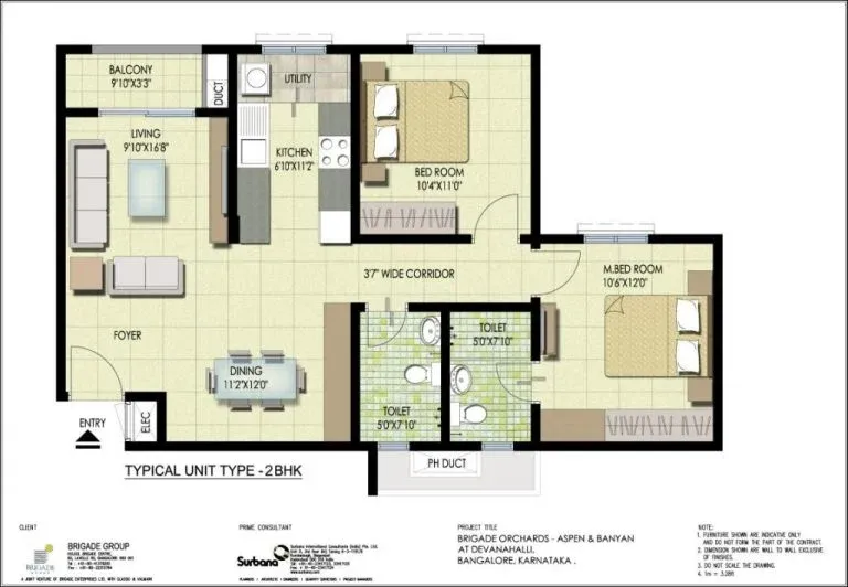 Brigade Orchards Aspen and Banyan Enclaves 2 BHK Floor Plan Devanahalli