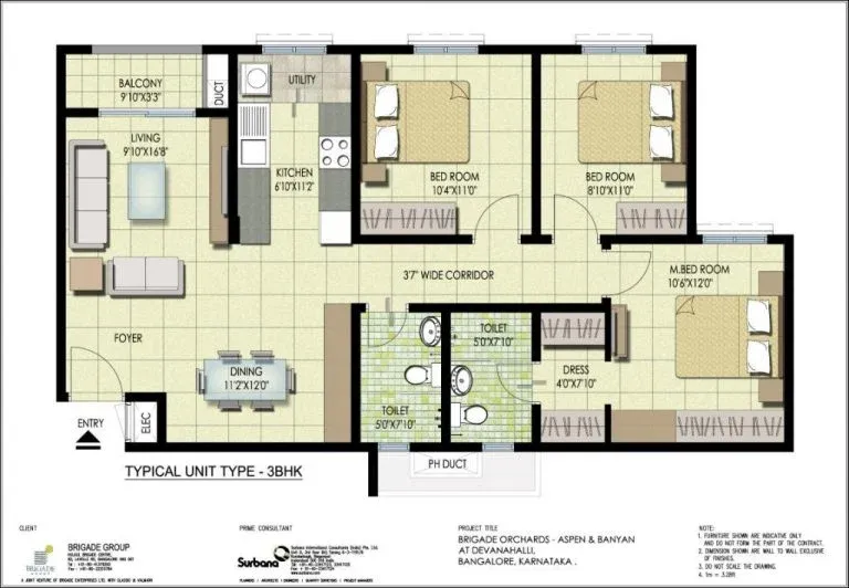 Brigade Orchards Aspen and Banyan Enclaves 3 BHK Floor Plan Devanahalli