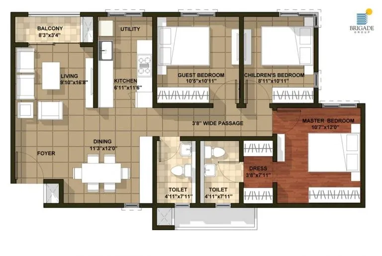 Brigade Orchards Ivory Enclave 3 BHK Floor Plan Devanahalli